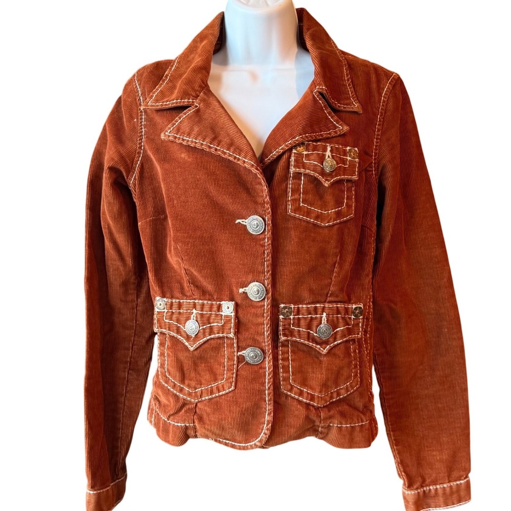 True Religion Corduroy Military Style Jacket Women's Size Medium Burnt Orange